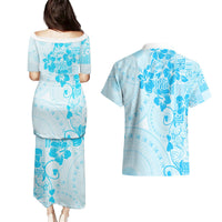 Fiji Masi With Hibiscus Tapa Tribal Couples Matching Puletasi Dress and Hawaiian Shirt Sky Blue Pastel LT01 - Polynesian Pride
