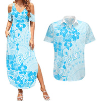 Fiji Masi With Hibiscus Tapa Tribal Couples Matching Summer Maxi Dress and Hawaiian Shirt Sky Blue Pastel LT01 Blue - Polynesian Pride