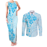 Fiji Masi With Hibiscus Tapa Tribal Couples Matching Tank Maxi Dress and Long Sleeve Button Shirt Sky Blue Pastel LT01 Blue - Polynesian Pride