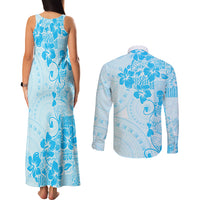 Fiji Masi With Hibiscus Tapa Tribal Couples Matching Tank Maxi Dress and Long Sleeve Button Shirt Sky Blue Pastel LT01 - Polynesian Pride