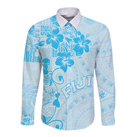 Fiji Masi With Hibiscus Tapa Tribal Long Sleeve Button Shirt Sky Blue Pastel LT01 Unisex Blue - Polynesian Pride