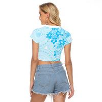 Fiji Masi With Hibiscus Tapa Tribal Raglan Cropped T Shirt Sky Blue Pastel LT01 - Polynesian Pride
