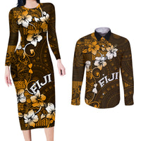 Fiji Masi With Hibiscus Tapa Tribal Couples Matching Long Sleeve Bodycon Dress and Long Sleeve Button Shirt Gold Version LT01 Gold - Polynesian Pride
