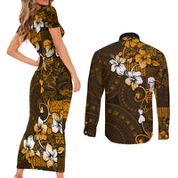 Fiji Masi With Hibiscus Tapa Tribal Couples Matching Short Sleeve Bodycon Dress and Long Sleeve Button Shirt Gold Version LT01 - Polynesian Pride