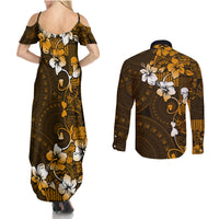 Fiji Masi With Hibiscus Tapa Tribal Couples Matching Summer Maxi Dress and Long Sleeve Button Shirt Gold Version LT01 - Polynesian Pride