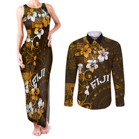 Fiji Masi With Hibiscus Tapa Tribal Couples Matching Tank Maxi Dress and Long Sleeve Button Shirt Gold Version LT01 Gold - Polynesian Pride