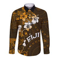 Fiji Masi With Hibiscus Tapa Tribal Long Sleeve Button Shirt Gold Version LT01 Unisex Gold - Polynesian Pride