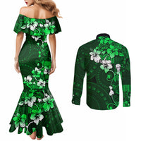 Fiji Masi Couples Matching Mermaid Dress and Long Sleeve Button Shirt Fijian Hibiscus Tapa Green Version LT01 - Polynesian Pride