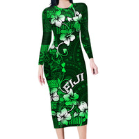 Fiji Masi Long Sleeve Bodycon Dress Fijian Hibiscus Tapa Green Version LT01 Long Dress Green - Polynesian Pride