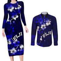 Fiji Masi Couples Matching Long Sleeve Bodycon Dress and Long Sleeve Button Shirt Fijian Hibiscus Navy Blue Gold Version LT01 Blue - Polynesian Pride