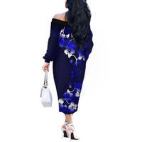 Fiji Masi Off The Shoulder Long Sleeve Dress Fijian Hibiscus Navy Blue Gold Version LT01 - Polynesian Pride