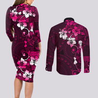 Fiji Masi Couples Matching Long Sleeve Bodycon Dress and Long Sleeve Button Shirt Fijian Hibiscus Tapa Pink Version LT01 - Polynesian Pride