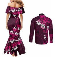 Fiji Masi Couples Matching Mermaid Dress and Long Sleeve Button Shirt Fijian Hibiscus Tapa Pink Version LT01 - Polynesian Pride