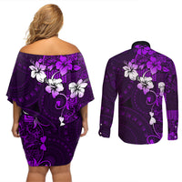 Fiji Masi Couples Matching Off Shoulder Short Dress and Long Sleeve Button Shirt Fijian Hibiscus Tapa Purple Version LT01 - Polynesian Pride