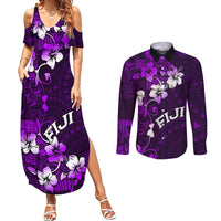 Fiji Masi Couples Matching Summer Maxi Dress and Long Sleeve Button Shirt Fijian Hibiscus Tapa Purple Version LT01 Purple - Polynesian Pride