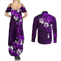 Fiji Masi Couples Matching Summer Maxi Dress and Long Sleeve Button Shirt Fijian Hibiscus Tapa Purple Version LT01 - Polynesian Pride