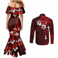 Fiji Masi Couples Matching Mermaid Dress and Long Sleeve Button Shirt Fijian Hibiscus Tapa Red Version LT01 - Polynesian Pride