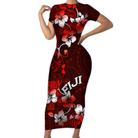 Fiji Masi Family Matching Short Sleeve Bodycon Dress and Hawaiian Shirt Fijian Hibiscus Tapa Red Version LT01 Mom's Dress Red - Polynesian Pride