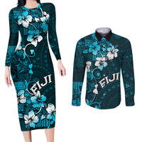 Fiji Masi Couples Matching Long Sleeve Bodycon Dress and Long Sleeve Button Shirt Fijian Hibiscus Tapa Sky Blue Version LT01 Blue - Polynesian Pride