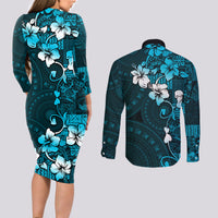 Fiji Masi Couples Matching Long Sleeve Bodycon Dress and Long Sleeve Button Shirt Fijian Hibiscus Tapa Sky Blue Version LT01 - Polynesian Pride