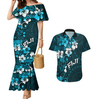 Fiji Masi Couples Matching Mermaid Dress and Hawaiian Shirt Fijian Hibiscus Tapa Sky Blue Version LT01 Blue - Polynesian Pride