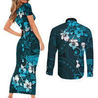 Fiji Masi Couples Matching Short Sleeve Bodycon Dress and Long Sleeve Button Shirt Fijian Hibiscus Tapa Sky Blue Version LT01 - Polynesian Pride