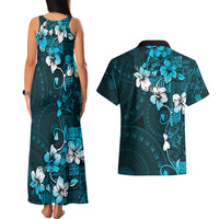 Fiji Masi Couples Matching Tank Maxi Dress and Hawaiian Shirt Fijian Hibiscus Tapa Sky Blue Version LT01 - Polynesian Pride