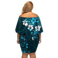 Fiji Masi Family Matching Off Shoulder Short Dress and Hawaiian Shirt Fijian Hibiscus Tapa Sky Blue Version LT01 - Polynesian Pride