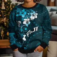 Fiji Masi Kid Ugly Christmas Sweater Fijian Hibiscus Tapa Sky Blue Version LT01 - Polynesian Pride