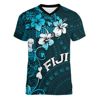 Fiji Masi Women V Neck T Shirt Fijian Hibiscus Tapa Sky Blue Version LT01 Female Blue - Polynesian Pride