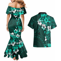 Fiji Masi Couples Matching Mermaid Dress and Hawaiian Shirt Fijian Hibiscus Tapa Turquoise Version LT01 - Polynesian Pride