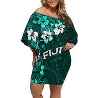 Fiji Masi Family Matching Off Shoulder Short Dress and Hawaiian Shirt Fijian Hibiscus Tapa Turquoise Version LT01 Mom's Dress Turquoise - Polynesian Pride