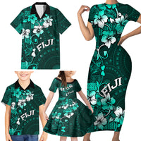 Fiji Masi Family Matching Short Sleeve Bodycon Dress and Hawaiian Shirt Fijian Hibiscus Tapa Turquoise Version LT01 - Polynesian Pride