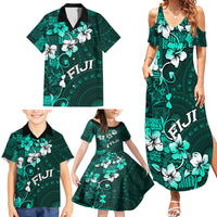 Fiji Masi Family Matching Summer Maxi Dress and Hawaiian Shirt Fijian Hibiscus Tapa Turquoise Version LT01 - Polynesian Pride