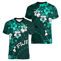 Fiji Masi Women V Neck T Shirt Fijian Hibiscus Tapa Turquoise Version LT01 - Polynesian Pride