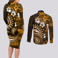 Fiji Masi Paisley With Hibiscus Tapa Couples Matching Long Sleeve Bodycon Dress and Long Sleeve Button Shirt Gold Version LT01 - Polynesian Pride