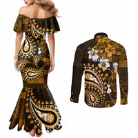 Fiji Masi Paisley With Hibiscus Tapa Couples Matching Mermaid Dress and Long Sleeve Button Shirt Gold Version LT01 - Polynesian Pride