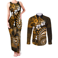 Fiji Masi Paisley With Hibiscus Tapa Couples Matching Tank Maxi Dress and Long Sleeve Button Shirt Gold Version LT01 Gold - Polynesian Pride