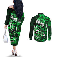 Fiji Masi Paisley With Hibiscus Tapa Couples Matching Off The Shoulder Long Sleeve Dress and Long Sleeve Button Shirt Green Version LT01 - Polynesian Pride