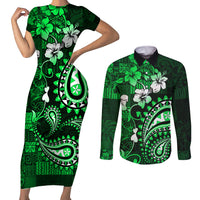 Fiji Masi Paisley With Hibiscus Tapa Couples Matching Short Sleeve Bodycon Dress and Long Sleeve Button Shirt Green Version LT01 Green - Polynesian Pride