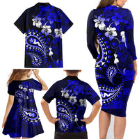 Fiji Masi Paisley With Hibiscus Tapa Family Matching Long Sleeve Bodycon Dress and Hawaiian Shirt Navy Blue Version LT01 - Polynesian Pride