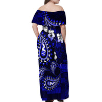 Fiji Masi Paisley With Hibiscus Tapa Off Shoulder Maxi Dress Navy Blue Version LT01 - Polynesian Pride