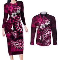 Fiji Masi Paisley With Hibiscus Tapa Couples Matching Long Sleeve Bodycon Dress and Long Sleeve Button Shirt Pink Version LT01 Pink - Polynesian Pride