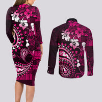 Fiji Masi Paisley With Hibiscus Tapa Couples Matching Long Sleeve Bodycon Dress and Long Sleeve Button Shirt Pink Version LT01 - Polynesian Pride