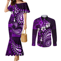 Fiji Masi Paisley Couples Matching Mermaid Dress and Long Sleeve Button Shirt Fijian Hibiscus Tapa Purple Version LT01 Purple - Polynesian Pride