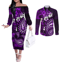 Fiji Masi Paisley Couples Matching Off The Shoulder Long Sleeve Dress and Long Sleeve Button Shirt Fijian Hibiscus Tapa Purple Version LT01 Purple - Polynesian Pride