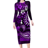 Fiji Masi Paisley Long Sleeve Bodycon Dress Fijian Hibiscus Tapa Purple Version LT01 Long Dress Purple - Polynesian Pride