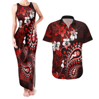 Fiji Masi Paisley Couples Matching Tank Maxi Dress and Hawaiian Shirt Fijian Hibiscus Tapa Red Version LT01 Red - Polynesian Pride