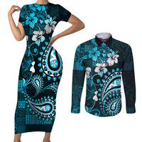 Fiji Masi Paisley Couples Matching Short Sleeve Bodycon Dress and Long Sleeve Button Shirt Fijian Hibiscus Tapa Sky Blue Version LT01 Blue - Polynesian Pride