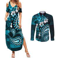Fiji Masi Paisley Couples Matching Summer Maxi Dress and Long Sleeve Button Shirt Fijian Hibiscus Tapa Sky Blue Version LT01 Blue - Polynesian Pride